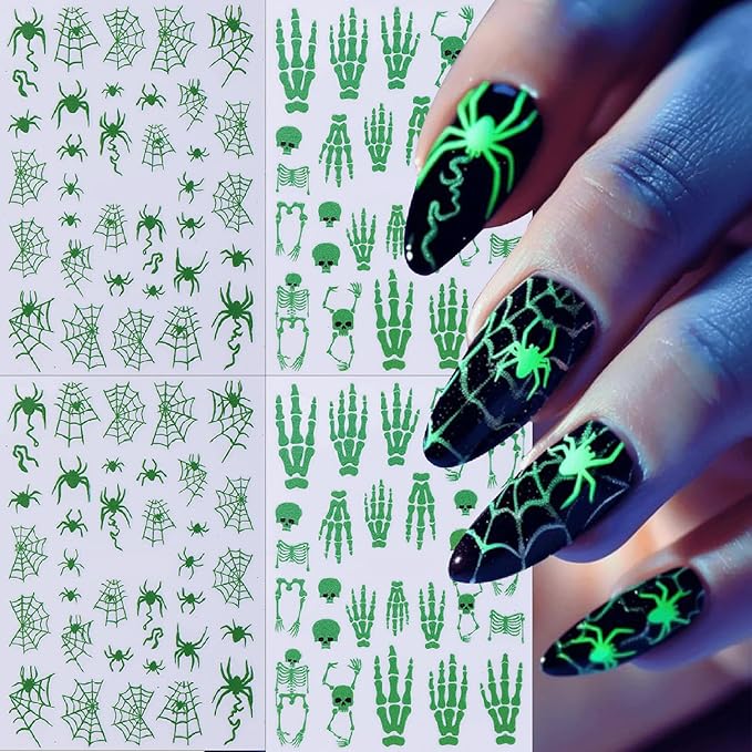 Halloween Luminous Ghost Nail Sticker Luminous Sticker 3D self-Adhesive Horror Skull Spider Web Spider Pattern Design Ladies Girl DIY Halloween Nail Decoration 4 Pictures