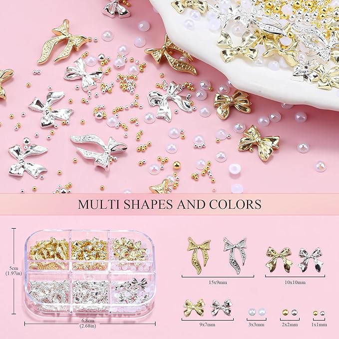 3D Metal Bowknot & AB Pearl and Mini Beads Nail Art Kit - Gold/Silver Alloy Bowknot, 1-2mm Stainless Steel Caviar Beads, 3mm Half Pearls for Professional Salon & DIY Manicure Jewelry Designs (Set 3)