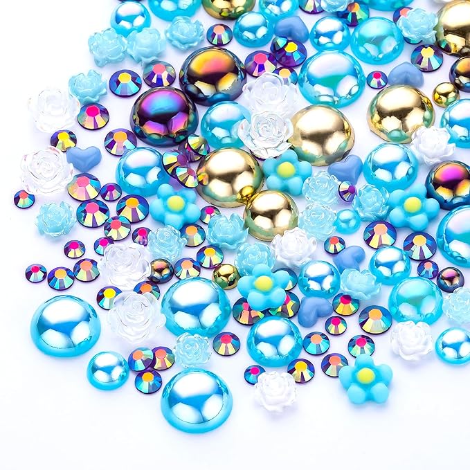 160g Gold Aquamarine Flat Back Pearls Rhinestones with Gel for Crafts Mixed Size 3mm-10mm AB Color Round Half Pearls Flatback Pearl Beads and Resin Rhinestones Set for Face Art