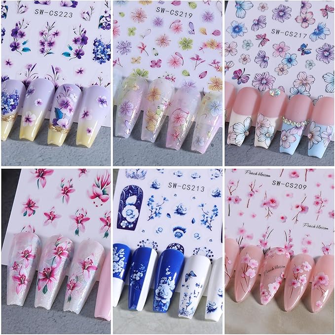 Flower Stickers for Nail Art Decals - 12 Sheets Spring Butterfly Nail Stickers with Tweezers 3D Floral Leaves Plant Nail Art Designs DIY Self Adhesive Daisy Blossom Nail Supplies Decorations
