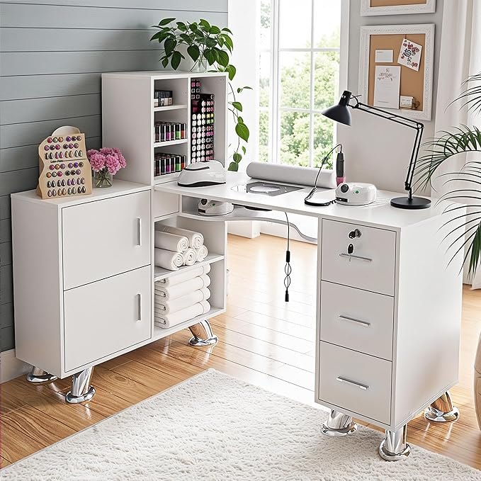 Manicure Table Nail Station w/Dust Collector - L-Shaped Nail Tech Table with Shelves, Storage Cabinets, Drawers, Metal Handles & Legs, Salon Wrist Rest, Beauty Salon Workstation Decor (White)