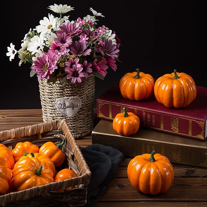 Ogrmar 12 Pack Artificial Assorted Pumpkins, Mini Fake Pumpkins Artificial Vegetables for Halloween,Harvest Thanksgiving Party Decor(Orange)