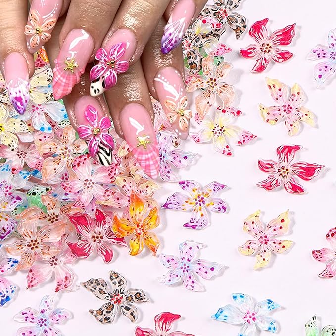 3D Hawaii Flowers for Nails,Spring Hibiscus Floral Nail Art Charms Lily Flowers for Nail Rhinestones Craft Multi-Color Petal Relief Flower Charms for Summer Acrylic Nail Jewelry Manicure Accessories