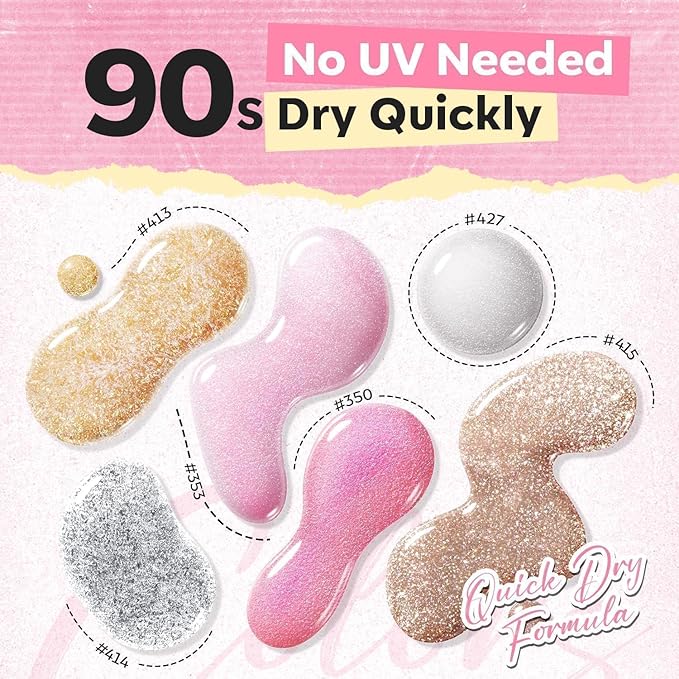 modelones Pink Nail Polish Set, 6 Colors White Gold Foil Glitter Silvery Pearl Shimmer Quick Dry Mini Starter, Long Lasting Art DIY Manicure Kit at Home for Women Girls Wedding Gifts