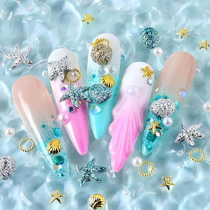 100Pcs Summer Starfish Nail Charms Pearls Seashell Starfish Gold Nail Rhinestones Ocean Theme Design Nail Gems 3D Nail Steel Studs Silver Blue Shell Nail Supplies Summer Beach DIY Crafts Nail Decor