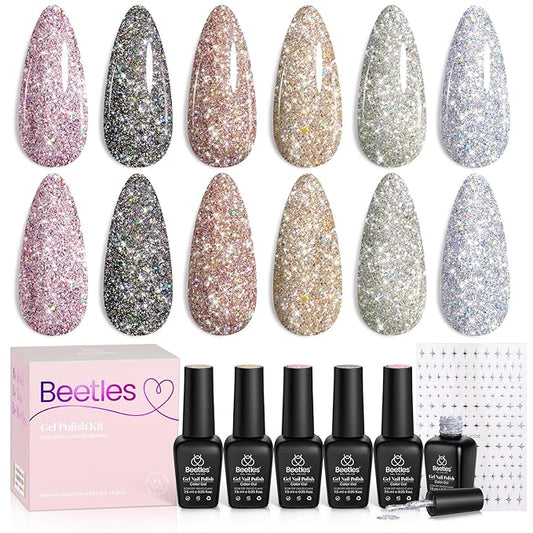 beetles Glitter Gel Polish - Diamond Shine 6 Colors Reflective Sparkle Gel Set, Silver Black Pink Gold Holographic Glitter Polish, with Nail Art Stickers Soak off Uv LED Manicure Gifts for Women