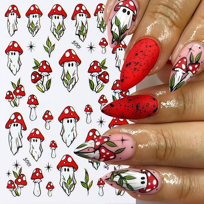 8 Sheets Halloween Nail Stickers Ghost Mushroom Nail Art Stickers Daisy Ghost Nails Decals Pumpkin Spider Colorful Holiday Nail Art Supplies Adhesive Halloween Sticker for Women Nail Art Decorations
