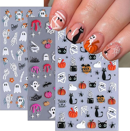 Halloween Nail Art Stickers 5D Self-Adhesive Mummy Spider Web Scary Black Spider Pumpkin Nail Stickers Ghost Skeleton Design Nail Decals for Halloween Party DIY Manicure Decorations 3 Sheets