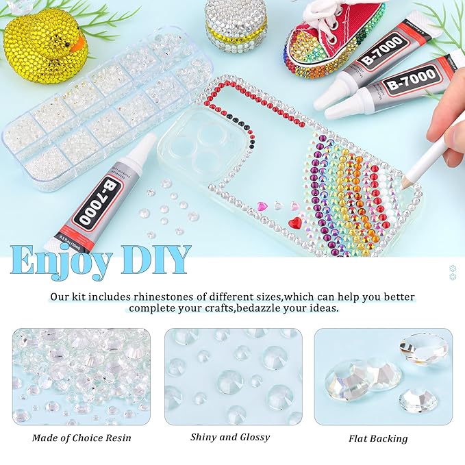 6000Pcs Resin Rhinestones for Bedazzling with 3Pcs B7000 Jewelry Glue, 1 Box Transparent Flatback Rhinestones for Crafting Crafts DIY, Crystals Gems for Clothing Shoes Tumblers Nail Art Makeup