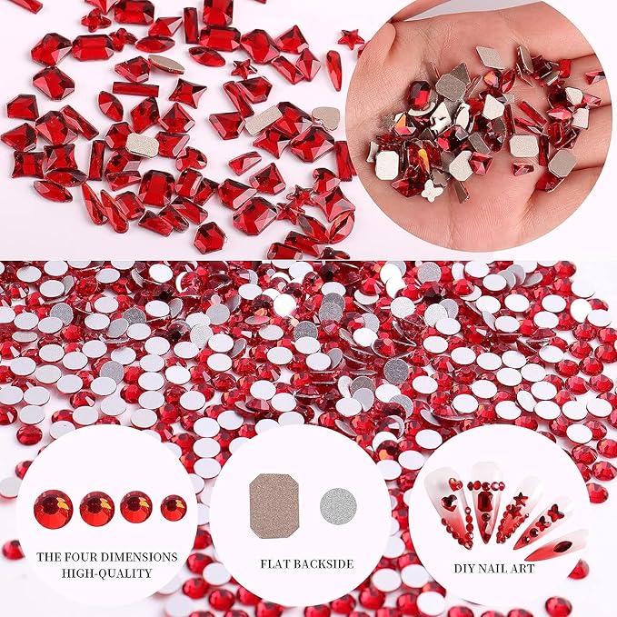 2680 Pcs 3D Red Nail Rhinestones, 120Pcs Big Red Glass Crystal Nail Gems Stones Charms Stones with Bling Diamond Flatback Round Beads, Clear Charm Jewelry for DIY Face Craft Decoration