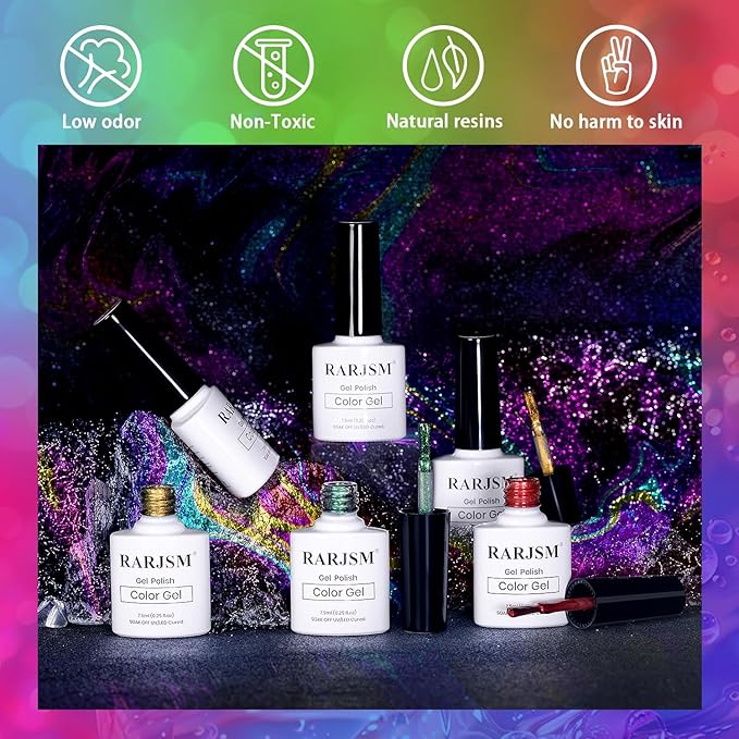 RARJSM Chameleon Gel Nail Polish Set 6pcs Multichrome Gradient Color Changing Orange Blue Purple Red Green Shimmer Glitter GelPolish Curing Requires Soak Off Sparkle Chrome Nail Gel Varnish 7.5ml