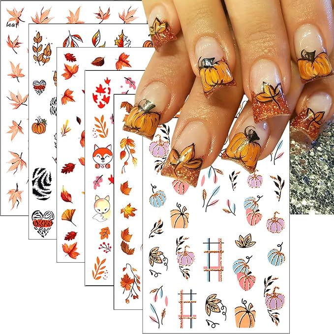 6 Sheets Fall Nail Art Stickers Thanksgiving Day Nails Decals 3D Self Adhesive Maple Leaf Nail Stickers Cute Fox Pumpkin Maple Leaves Design Fall Nails Supplies for Women Autumn DIY Manicure Decor