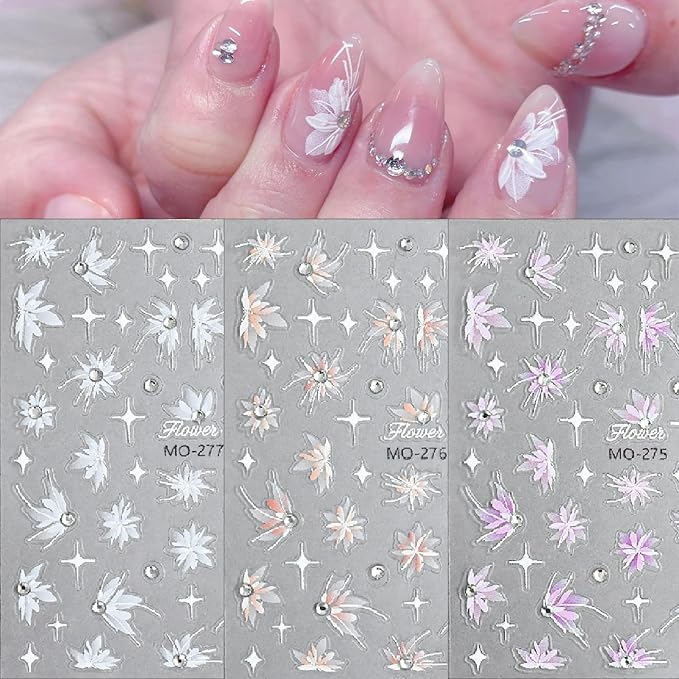 5D Embossed Snow Mowing Nail Art Stickers White Semitransparent Self Adhesive Diamond Flower Nails Stickers Spring Flower Nails Decals Floral Nails Supplies for Women Nail Art Decorations 3PCS