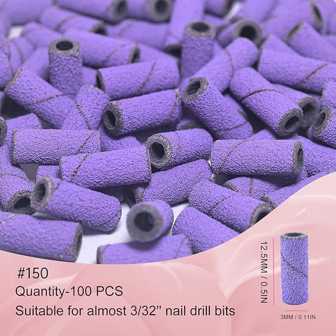 Small Sanding Bands Nail Drill Bits, Corfulra 150 Fine Grit Nail File Sanding Bands for Nail Drill with 3.1mm Mandrel Bit, 100Pcs Mini Sanding Bands for Natural Nails, Cuticles, Purple