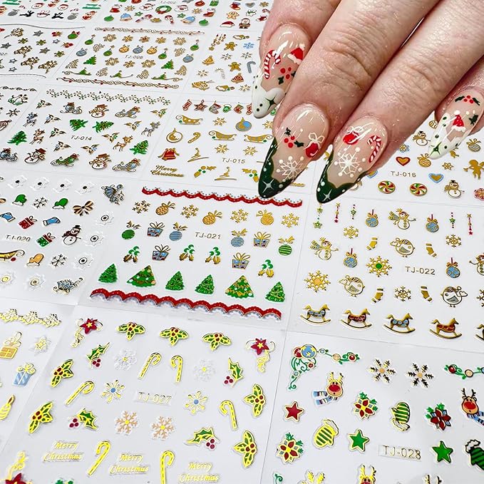 30 Sheets Christmas Nail Art Stickers Christmas Nail Decals 3D Self Adhesive Santa Claus Elk Snowman Christmas Tree Nail Art Supplies Winter Nail Stickers for Women DIY Acrylic Nail Decorations