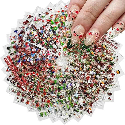 30PCS Christmas Nail Art Stickers Decals 3D Self-Adhesive Xmas Nail Decals Nail Art Supplies Xmas Tree Santa Claus Elk Cartoon Christmas Nails Design Adhesive Stickers for Women DIY Nail Decorations
