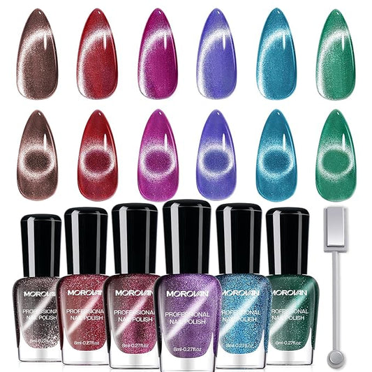 Morovan Magnetic Nail Polish Set：Cat Eye Glitter Red Green Purple Blue Nail Polish Kit Shimmer Quick Dry Nail Polish Bulk for Women Nail Art Manicure Salon Gift Holiday Party