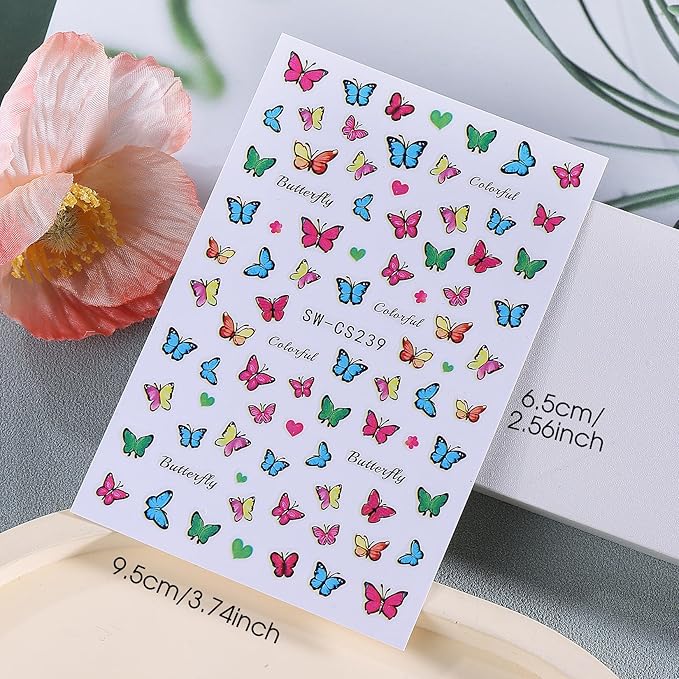 Tropical Nail Art Stickers Decals 14 PCS 3D Blue Flower Jellyfish Nail Art Designs Hibiscus Butterfly Geometry Stickers Colorful Charms Nails Supplies Self Adhesive Summer Manicure Decor