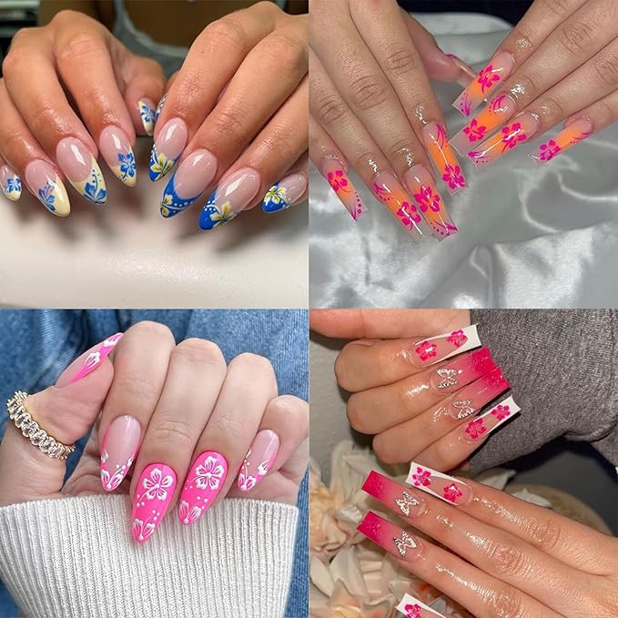 8Sheets Color Flower Nail Stickers 3D Hollow Out Hibiscus Nail Decals Pink Yellow White Floral Designs Summer Cute Flowers Decals Pegatinas Uñas for Women Girls DIY Manicure Decoration Accessories