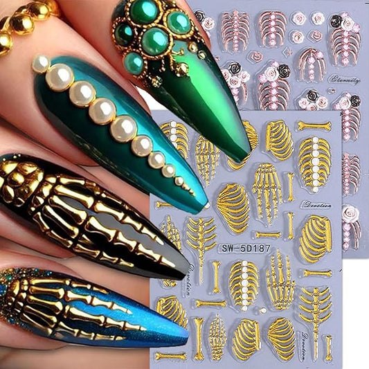 Halloween Nail Stickers Gold Finger Bones Nail Decals 5D Embossed Nail Supplies Rose Gold Bone Skeleton Nail Art Stickers for Acrylic Nails for Women DIY Manicure Decorations 2PCS