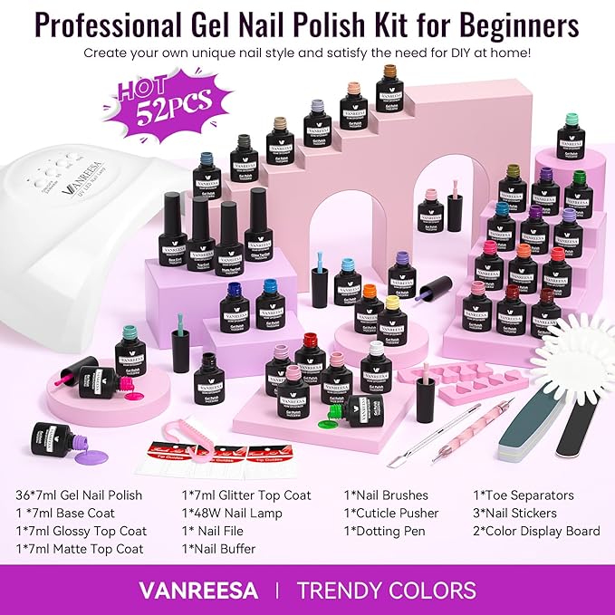 VANREESA Gel Nail Polish Kit with U V Light 52 Pcs Gel Polish Nail Set 36 Classic Colors Nail Polish Set + Base and 3 Effects Top Coat with Manicure Tools Complete Nail Kit Gifts for Women Girls