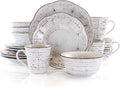 Elama Rustic Birch 16 Piece Embossed Scalloped Stoneware Round Dinnerware Set by Elama