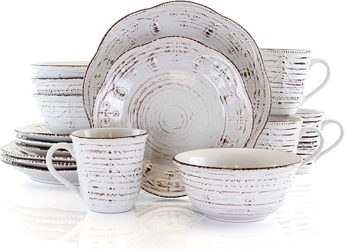 Elama Rustic Birch 16 Piece Embossed Scalloped Stoneware Round Dinnerware Set by Elama