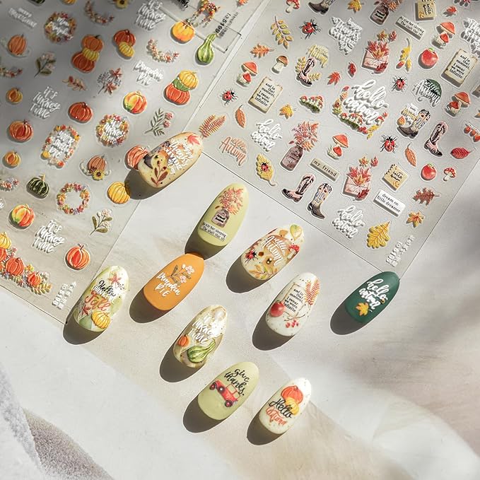 1Sheet 5D Relief Ginkgo Maple Leaf Stickers for Nails Design Embossed Fall Leaves Nail Art Stickers Autumn Maple Leaf Nail Decals Thanksgiving Day Fox Nail Supplies Manicure Decoration for Women
