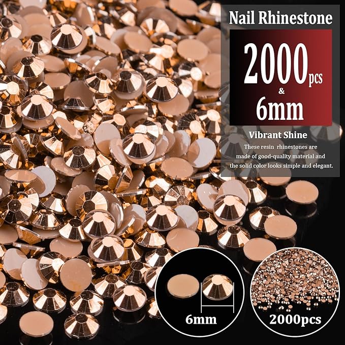 2000pcs 6mm Resin Rhinestones Bulk, Champagne Flatback Round Jelly Rhinestones Non Hotfix Crystal Gems Large Quantity Wholesale for DIY Crafts Clothes Face Makeup Manicure