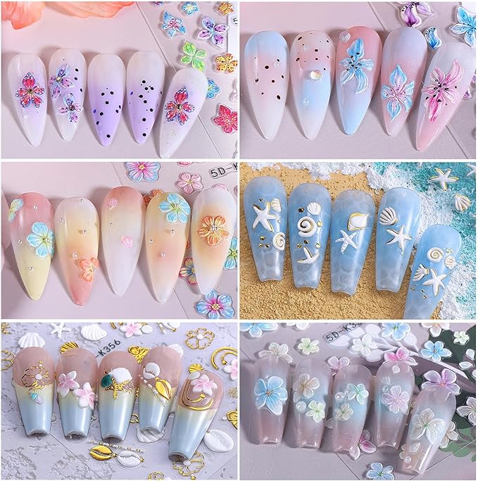 Flower Stickers for Nails Art 6 PCS 5D Hibiscus Nail Decals with 3pcs Tweezers Manicure Tools Colorful Lily Flowers Designs Self-Adhesive Hawaiian Floral Engraved Nail Art Decoration for Women Girls