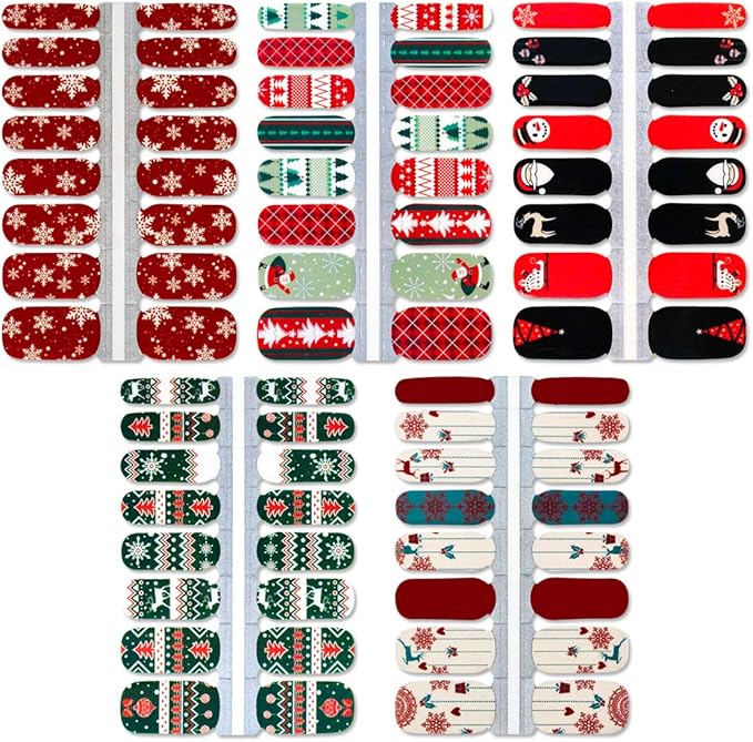 WOKOTO 5 Sheets Christmas Adhesive Nail Art Polish Stickers Tips with 1Pc Nail File Nail Wraps Decals Strips Set Manicure Holiday Pack