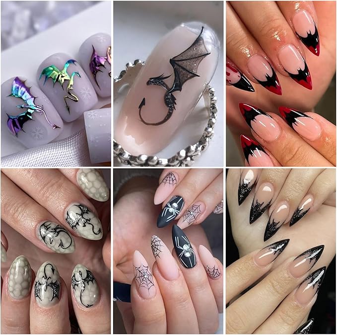 Halloween Nail Stickers Dragon Decals 12 Sheets Spooky Bat Ghost Stickers for Nails Art Metallic Glitter Spider Web Pumkin Blood Key Nail Designs Fall Holiday Supplies Manicure Decoration for Women