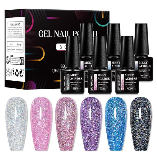MEET ACROSS Gel Nail Polish Set 6 Pcs Glitter Colors Gel Nail Kit Art Design Soak Off UV LED (SET-5, 6pcs)