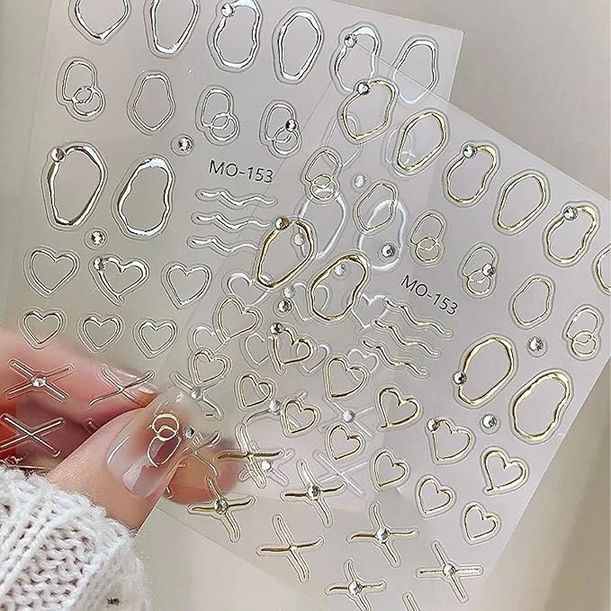 2 Sheets Irregular Bronzing Nail Art Stickers 3D Self Adhesive Gold Silver Frame Nail Stickers with French Line Rhinestone Nail Decals Circle Engraved Manicure Decals for Women Girls Nail Decorations