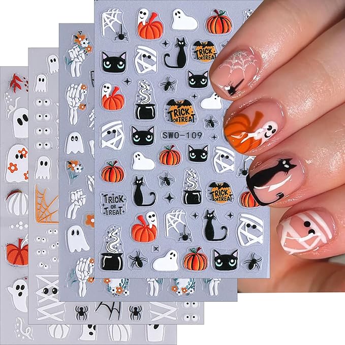 ONPRESS 4Sheet Halloween Nail Stickers Spooky Ghost Face Pumpkin Nail Decals 5D Self Adhesive Nail Spider Cat Flower Bat Bone Hand Star Leaves Relief Nail Art Stickers Nails for Women DIY Manicure