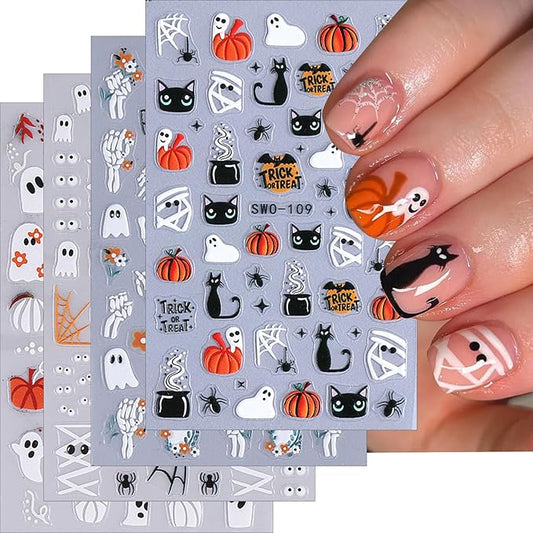 ONPRESS 4Sheet Halloween Nail Stickers Spooky Ghost Face Pumpkin Nail Decals 5D Self Adhesive Nail Spider Cat Flower Bat Bone Hand Star Leaves Relief Nail Art Stickers Nails for Women DIY Manicure