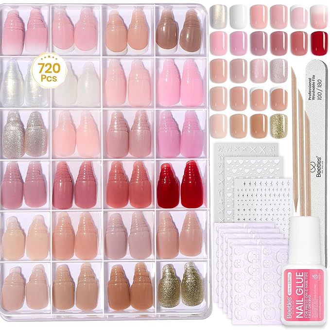 Beetles Press On Nails Kit - Creamy Drizzle | 720Pcs 24 Colors Short Square Press On Nails | 15 Sizes French Glossy Glitter Jelly With Nail Glue & Nail Tabs Stickers, Fake Nails Kit Art For Women