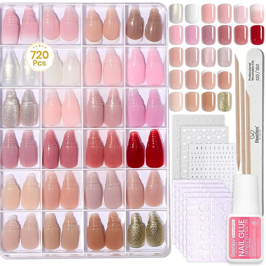 Beetles Press On Nails Kit - Creamy Drizzle | 720Pcs 24 Colors Short Square Press On Nails | 15 Sizes French Glossy Glitter Jelly With Nail Glue & Nail Tabs Stickers, Fake Nails Kit Art For Women