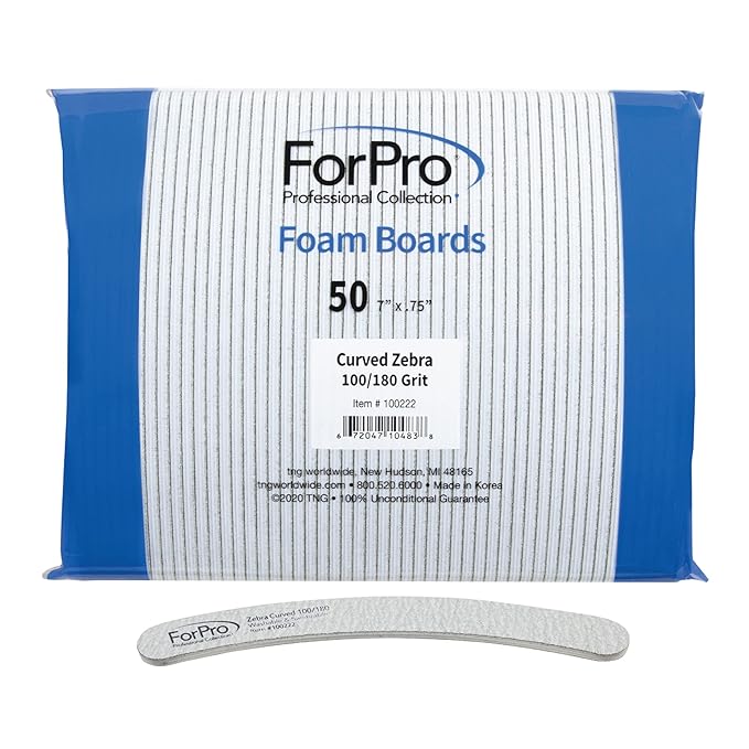 ForPro Professional Collection Zebra Curved Foam Board, 100/180 Grit, Double-Sided Manicure and Pedicure Nail Files, 7” L x .75” W, 50-Count