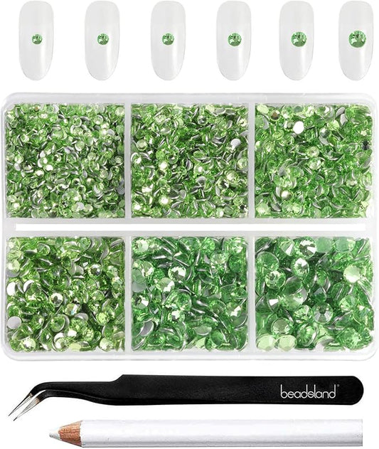 Beadsland 4300pcs Flatback Rhinestones, Light Green Nail Gems Round Crystal Rhinestones for Crafts, Mixed 6 Sizes with Picking Tweezers and Wax Pencil Kit, SS6-SS20, Peridot/Light Green