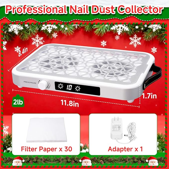 Professional Nail Dust Collector, Dust Collector Nail Tech 1600PA Wired Portable with 10 Speeds, Disposable Filter Papers (30 Pcs), Low Noise for Home Salon - Lightweight & Powerful