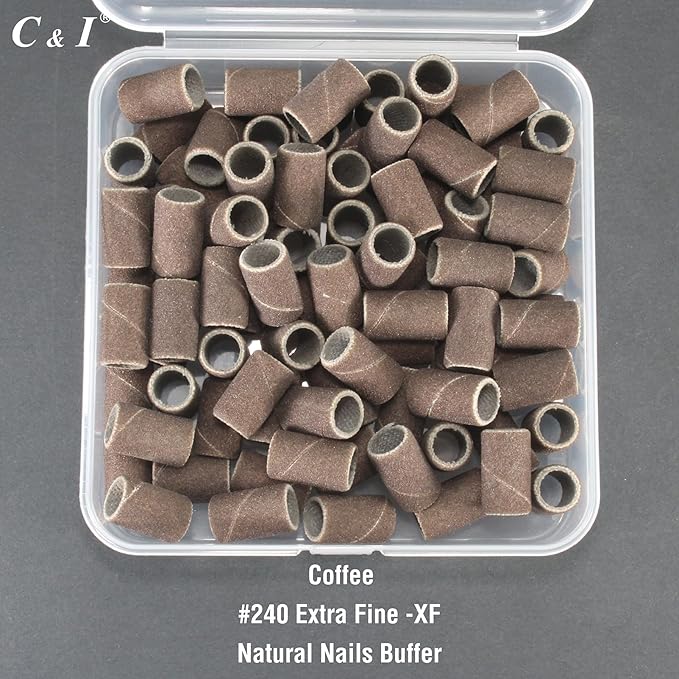 C & I Nail Sanding Bands 100 PCS Plus Upgrade Mandrel 1 PC, Nail Drill Bits for Acrylic Gel Nails Remove, Natural Nails Buffer for Nail Prep and Nail Shiner (Coffee, #240 Extra Fine)