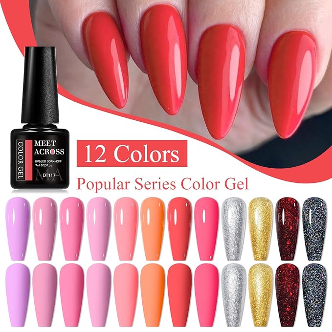MEET ACROSS 12PCS Gel Nail Polish Set, 12 Colors Gel Nail Kit Art Design Soak Off UV LED,Nail Art Design Gifts for Women (SET-5, 12PCS)