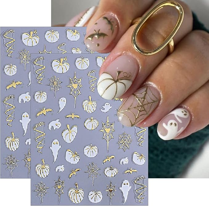 8 Sheets Halloween Nail Stickers 3D Self-Adhesive Glitter Pumpkin Ghost Black Leaf Nail Decals Gold Silver Pumpkin Spider Web Bat Design Nail Stickers for Halloween Party DIY Manicure Kit Decoration