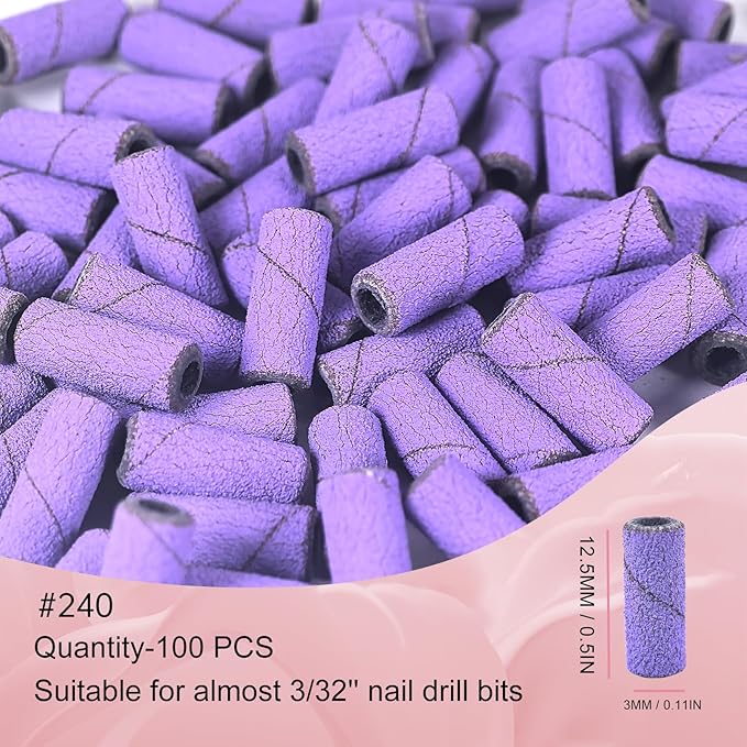 Small Sanding Bands Nail Drill Bits, Corfulra 240 Extreme Fine Grit Nail File Sanding Bands for Nail Drill with 3.1mm Mandrel Bit, 100Pcs Mini Sanding Bands for Natural Nails, Cuticles, Purple