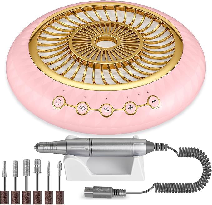 Nail Dust Collector 5000RPM Quiet Vacuum Fan - 30000RPM Nail Drill Electric File with Multiple Professional Grinder Bits(2 in 1 Set),Home & Salon Manicure - Beginners & Pros