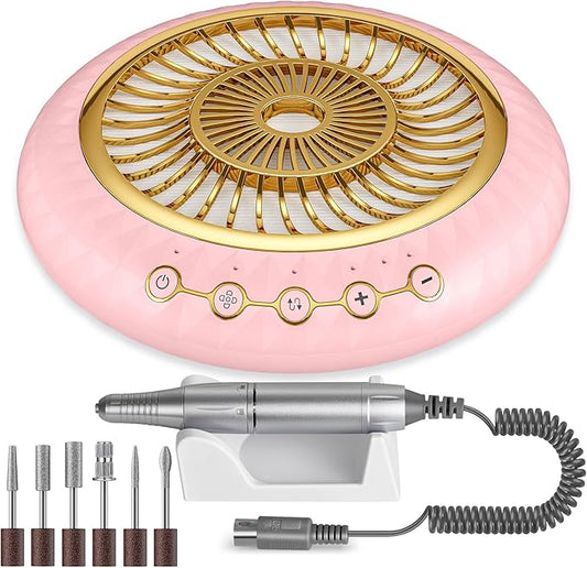 Nail Dust Collector 5000RPM Quiet Vacuum Fan - 30000RPM Nail Drill Electric File with Multiple Professional Grinder Bits(2 in 1 Set),Home & Salon Manicure - Beginners & Pros