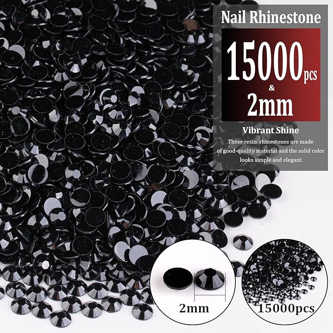 15000pcs 2mm Resin Rhinestones Bulk, Black Flatback Round Jelly Rhinestones Bedazzling Non Hotfix Crystal Gems Large Quantity Wholesale for DIY Crafts Clothes Bottles Tumblers Face Makeup Manicure