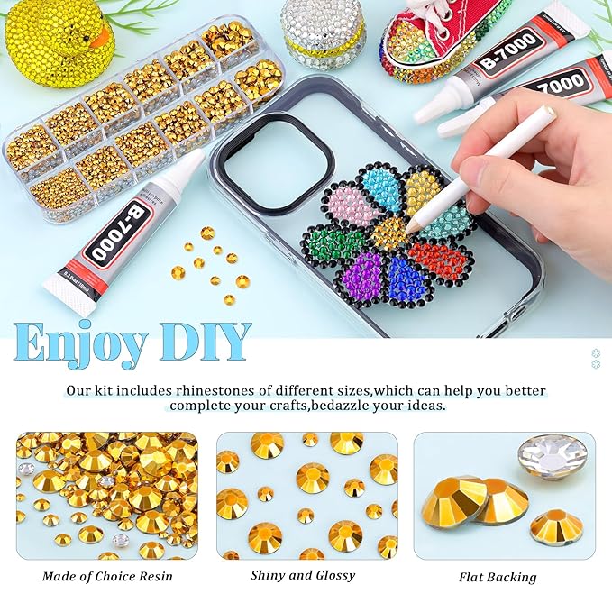 6000Pcs Resin Rhinestones for Bedazzling with 3Pcs B7000 Jewelry Glue, 1 Box Mine Gold Flatback Rhinestones for Crafting Crafts DIY, Crystals Gems for Clothing Shoes Tumblers Nail Art Makeup