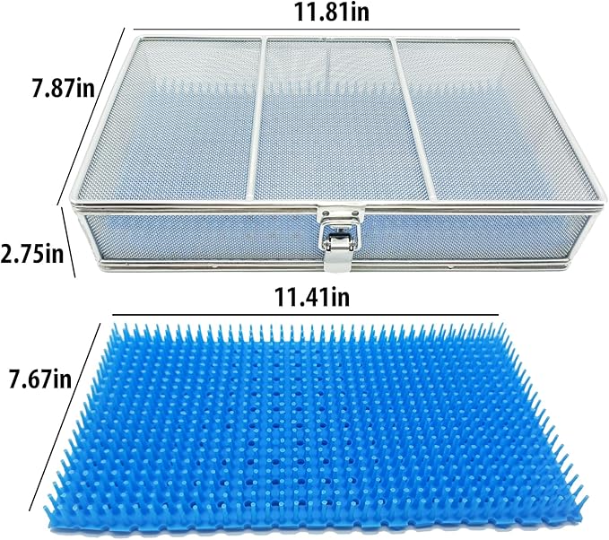 Instrument Tray with Silicone Mat&Lid, 11.81"x7.87"x2.75" (30x20x7cm), 304 Stainless Steel Sterilization Basket–Ultrasonic Perforated Mesh Tray for Ophthalmic, ENT Instruments, Cleaning&Sterilization